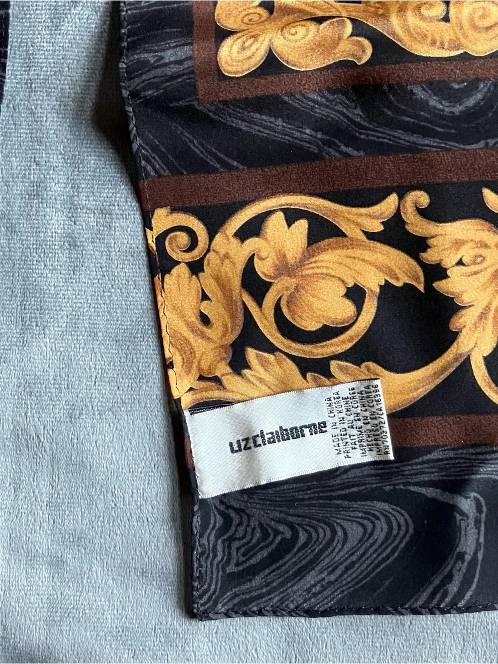 Liz Claiborne Black Silk Scarf with Gold Baroque Print